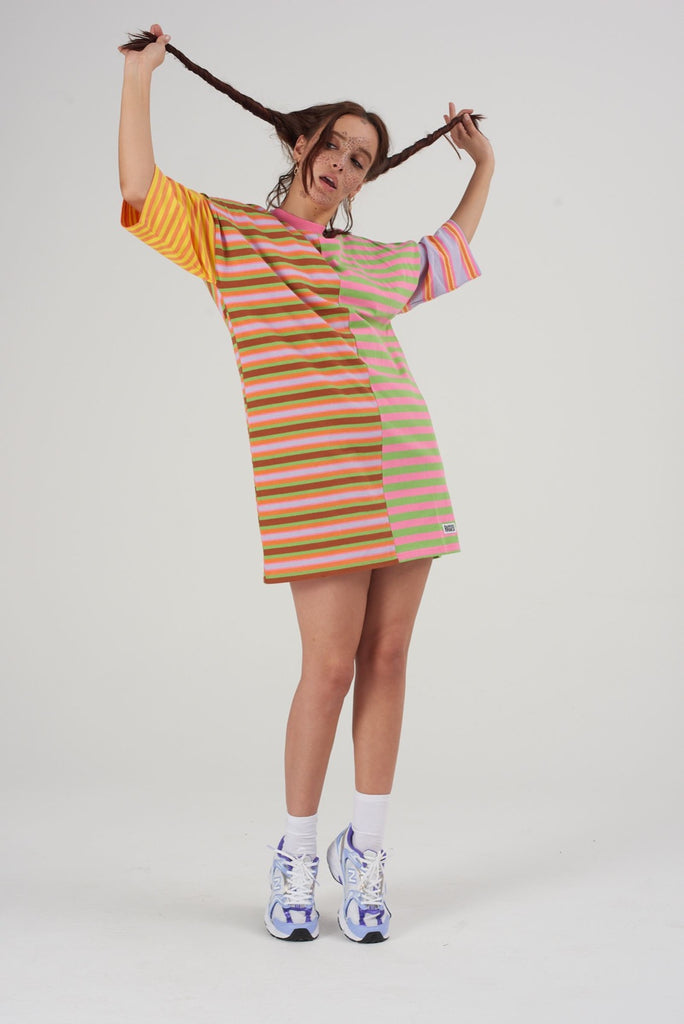 brown pink yellow lilac green orange multi colour mixed striped patchwork overside boyfriend fit t-shirt tee mini dress