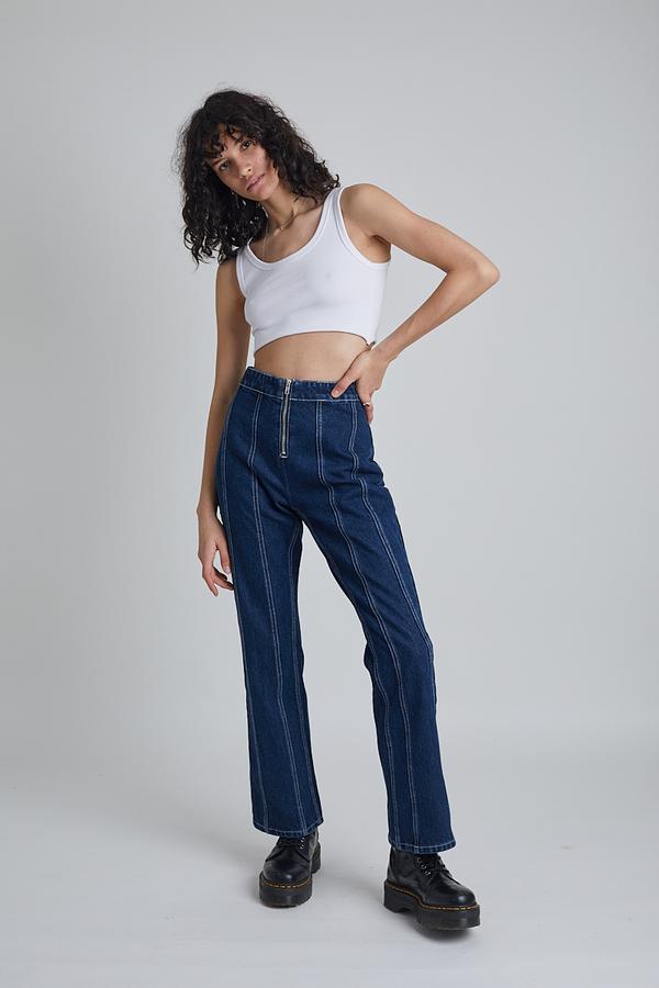 indigo blue recycled denim slim jeans with zip front
