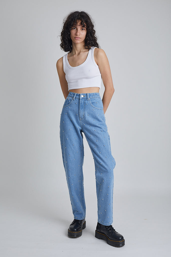 blue denim high rise mom high waist jeans with silver studs all over
