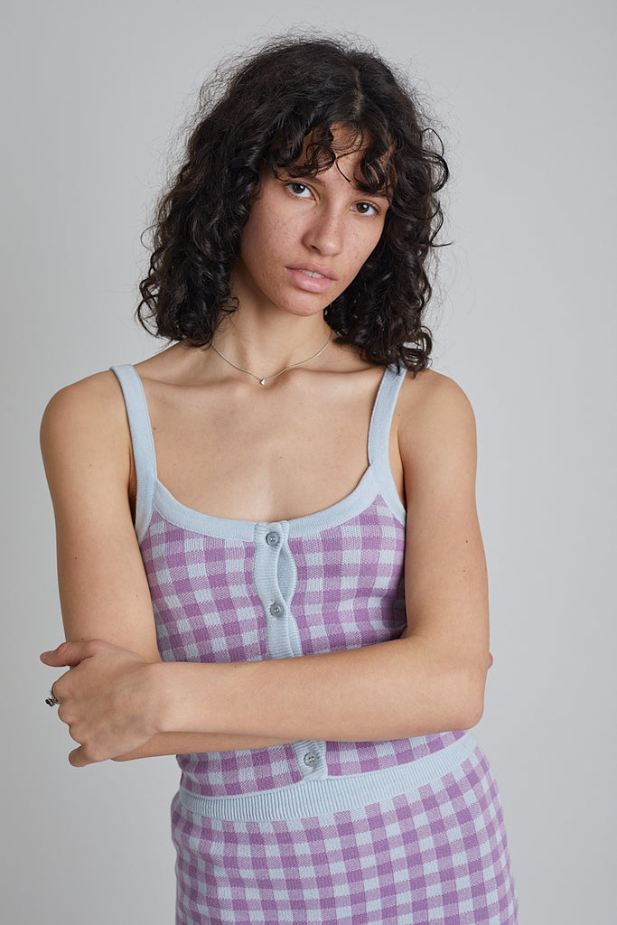 lilac white check button up vest tank top