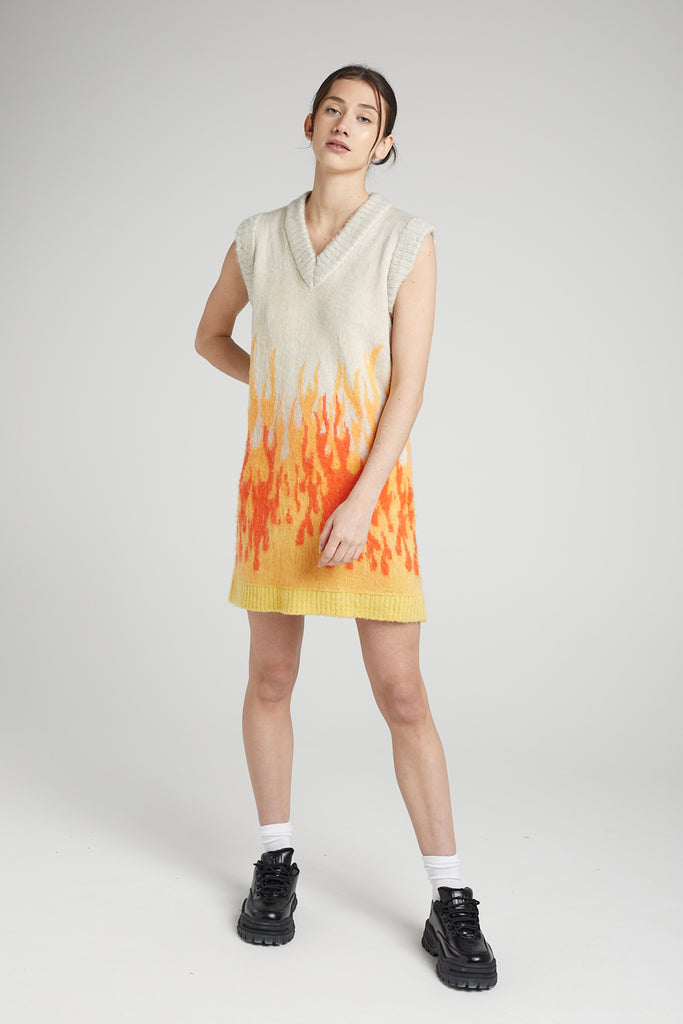 beige, orange, yellow flame pattern printed knitted tank vest dress