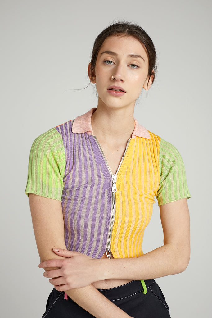 lilac, yellow, green, pink, red multicolour colour block short sleeve ribbed top with zip front fastening and collar