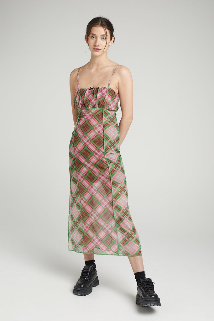 pink green brown check mesh maxi cami dress with exposed seams