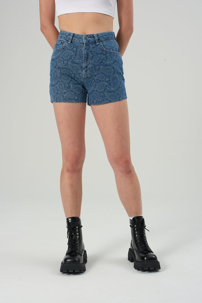 blue denim paisley printed high waist mom skater shorts