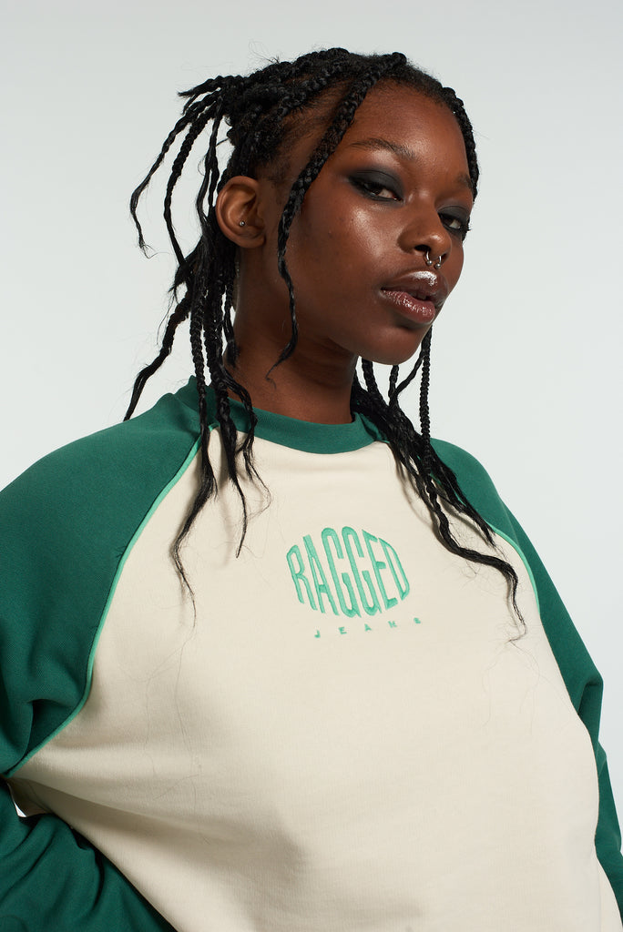 Ragged Green & White Raglan Sweater